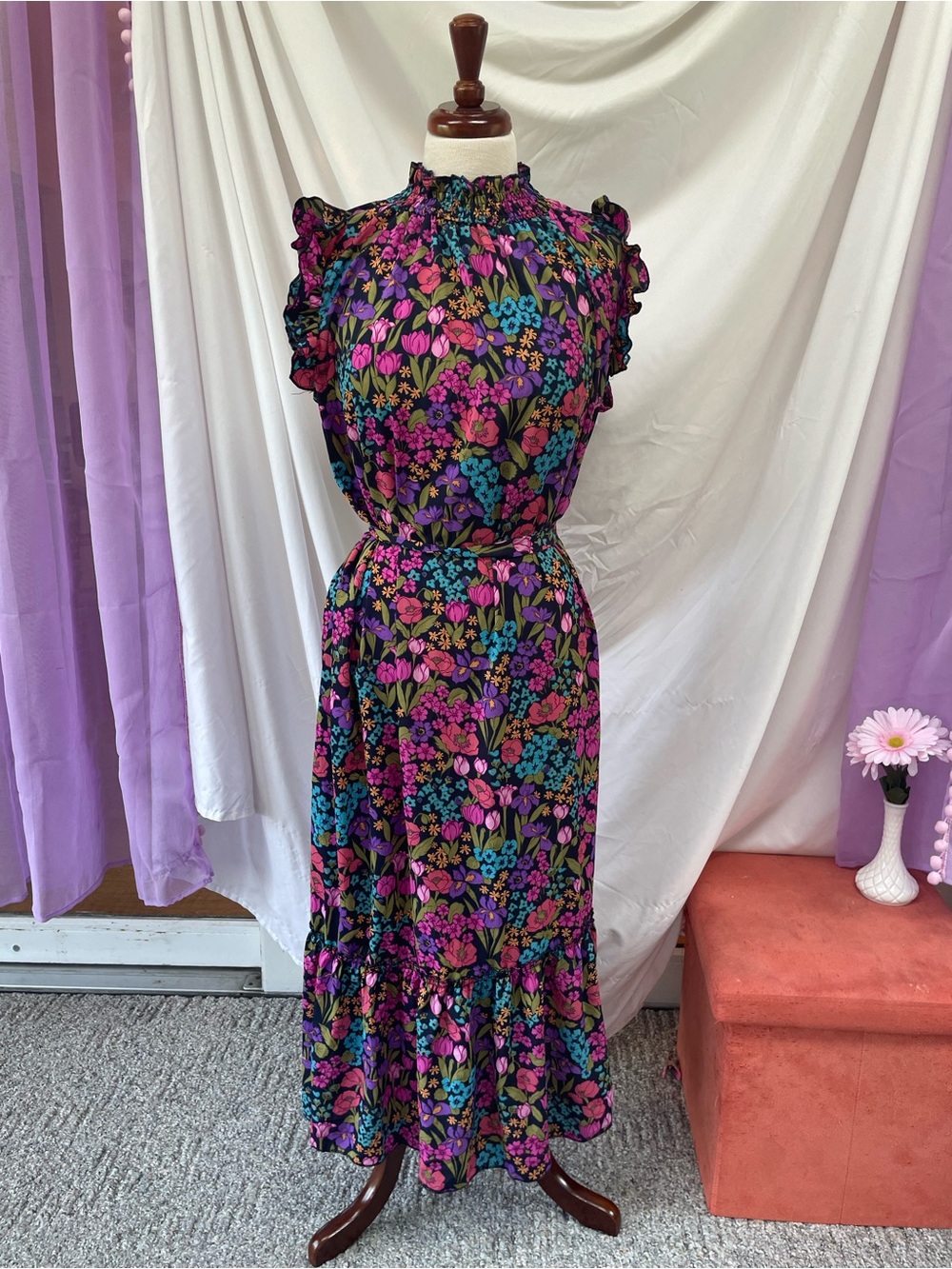 Floral Smocked Neck Maxi Dress - Black Multi
